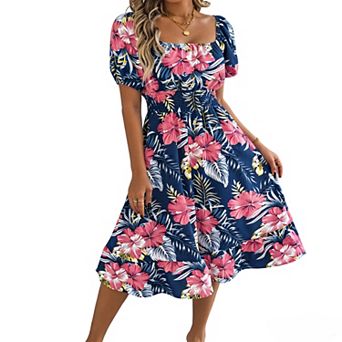 Women's Square Neck Puff Sleeve Midi Dress, Smocked Waist A-Line Casual Dress