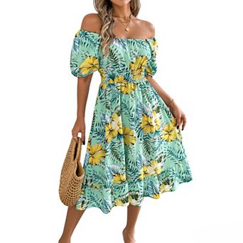 Women's Square Neck Puff Sleeve Midi Dress, Smocked Waist A-Line Casual Dress