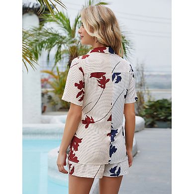 Women's 2 Piece Patchwork Floral Print Shirt & Shorts Set, Short Sleeve Casual Outfit