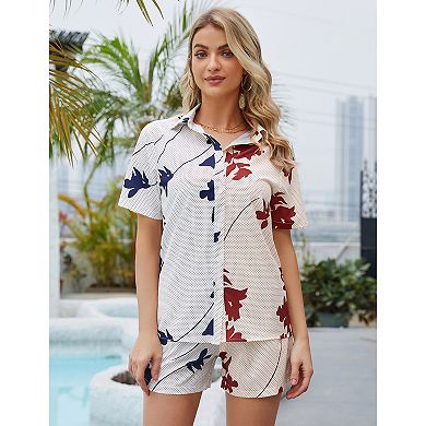Women's 2 Piece Patchwork Floral Print Shirt & Shorts Set, Short Sleeve Casual Outfit
