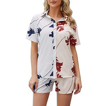 Women's 2 pc Patchwork Floral Print Shirt & Shorts Set, Short Sleeve Casual Outfit