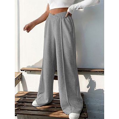 High Waisted V-Waist Wide Leg Pants, Seam Detail Elastic Waist
