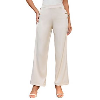 Women's High Waisted Wide Leg Trousers, Decorative Button Pocket Dress Pants