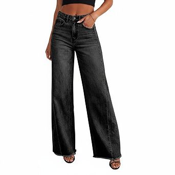 High Waisted Wide Leg Jeans, Frayed Hem Denim Trousers for Women
