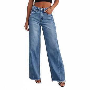 High Waisted Wide Leg Jeans, Frayed Hem Denim Trousers for Women