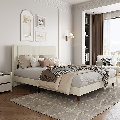 Upholstered Platform Bed Frame Modern Fabric Headboard Sturdy Metal Frame Wooden