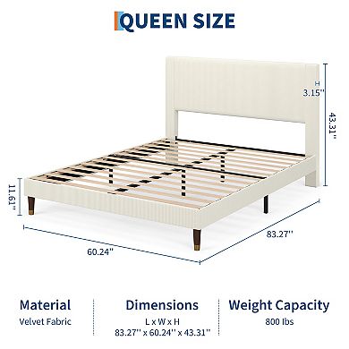 Upholstered Platform Bed Frame Modern Fabric Headboard Sturdy Metal Frame Wooden