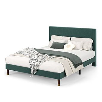 Upholstered Platform Bed Frame Modern Fabric Headboard Sturdy Metal Frame Wooden