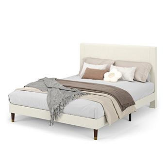 Upholstered Platform Bed Frame Modern Fabric Headboard Sturdy Metal Frame Wooden