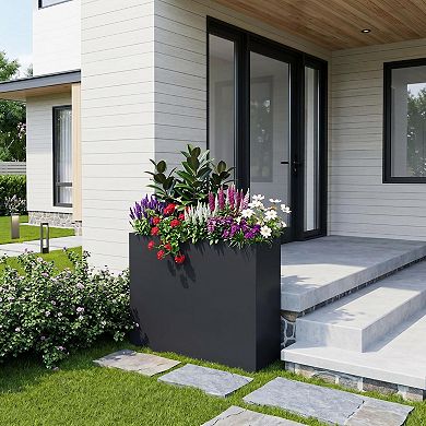 Metal Rectangular Planter Box, 34"W Flower Box with Adjustable Shelf & Drainage Holes for Patio