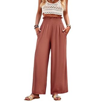 High Waisted Smocked Wide Leg Pants, Ruffle Waist Pocketed Palazzo Trousers for Women