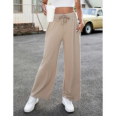High Waisted Wide Leg Pants, Drawstring Pocketed Casual Trousers for Women