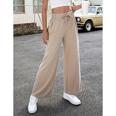 High Waisted Wide Leg Pants, Drawstring Pocketed Casual Trousers for Women