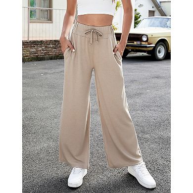 High Waisted Wide Leg Pants, Drawstring Pocketed Casual Trousers for Women
