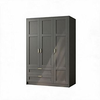 Wooden Wardrobe Armoire with 2 Drawers, 3 Shelves, Hanging Rod, Large Capacity Closet for Bedroom