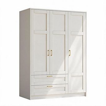 Wooden Wardrobe Armoire with 2 Drawers, 3 Shelves, Hanging Rod, Large Capacity Closet for Bedroom