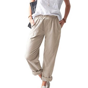 High Waisted Rolled Cuff Casual Pants, Elastic Waist Pocketed Trousers for Women