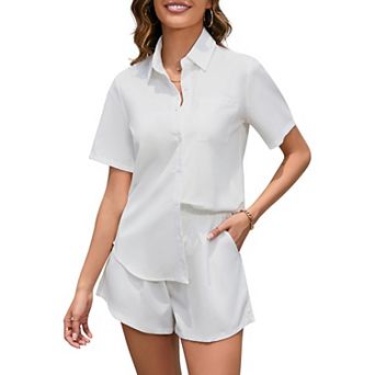 Women's 2 pc Short Sleeve Shirt & Shorts Set, Button Down Casual Outfit for Women