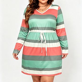 Women's Plus Size Striped Long Sleeve Dress Drawstring Waist Casual T-Shirt Dress