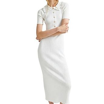 Women's Ribbed Knit Midi Dress Elegant Collar Short Sleeve Bodycon Dress