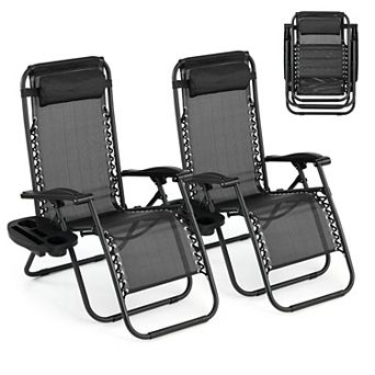 2 pc Outdoor Recliner Lounge Chair Set, Heavy Duty 250 Lbs Capacity Folding Tanning Lounger