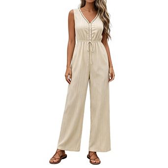 Women Sleeveless V Neck Jumpsuit Drawstring Waist Wide Leg Casual Romper with Pockets