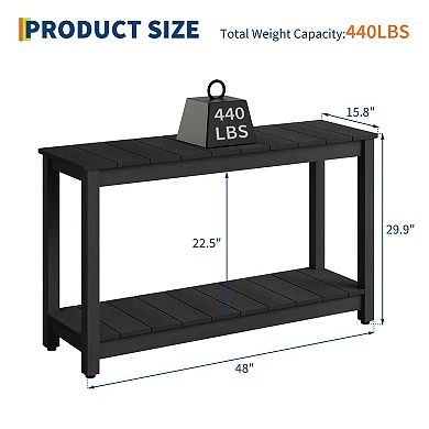 48 Inch Outdoor Console Table with 2-Tier Shelf, Wooden Patio Side Table for Garden Storage