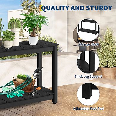 48 Inch Outdoor Console Table with 2-Tier Shelf, Wooden Patio Side Table for Garden Storage