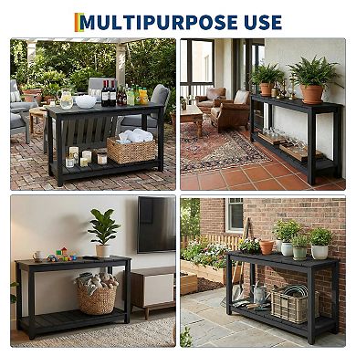 48 Inch Outdoor Console Table with 2-Tier Shelf, Wooden Patio Side Table for Garden Storage
