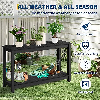 48 Inch Outdoor Console Table with 2-Tier Shelf, Wooden Patio Side Table for Garden Storage