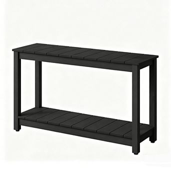 48 Inch Outdoor Console Table with 2 tier Shelf, Wooden Patio Side Table for Garden Storage