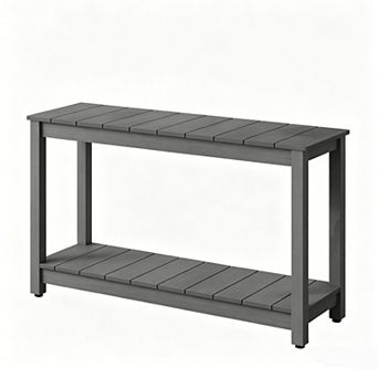 48 Inch Outdoor Console Table with 2 tier Shelf, Wooden Patio Side Table for Garden Storage