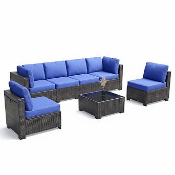 7 pc Outdoor Patio Sectional Sofa Set, All-Weather Wicker Modular Furniture with Glass Coffee Table