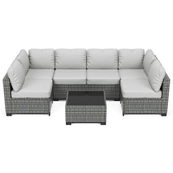7 pc Outdoor Patio Sectional Sofa Set, All-Weather Wicker Modular Furniture with Glass Coffee Table