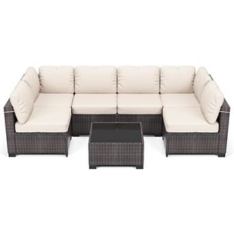 7 pc Outdoor Patio Sectional Sofa Set, All-Weather Wicker Modular Furniture with Glass Coffee Table