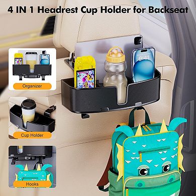 Car Headrest Cup Holder Organizer: Retractable Cables, Snack Storage, Strong Hooks Travel Accessory