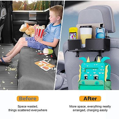 Car Headrest Cup Holder Organizer: Retractable Cables, Snack Storage, Strong Hooks Travel Accessory