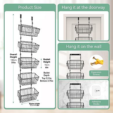 Over The Door Organizer 5 Removable Baskets Multi-Mount Storage for Bathroom Kitchen Pantry Garage