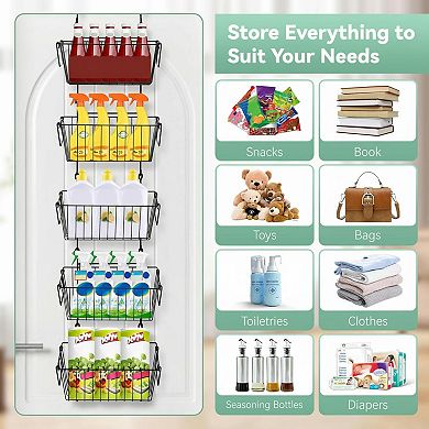 Over The Door Organizer 5 Removable Baskets Multi-Mount Storage for Bathroom Kitchen Pantry Garage