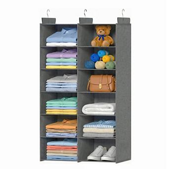 Dual-row Hanging Closet Organizer 6 tier Foldable Shelves 3 Strong Hooks Thick Fabric Easy Install