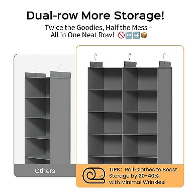 Dual-row Hanging Closet Organizer 6-tier Foldable Shelves 3 Strong Hooks Thick Fabric Easy Install