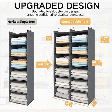 Dual-row Hanging Closet Organizer 6-tier Foldable Shelves 3 Strong Hooks Thick Fabric Easy Install