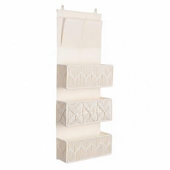 Boho Macrame Over Door Organizer 3 Woven Baskets 2 Pockets Storage