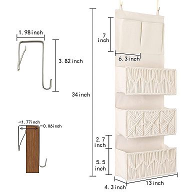 Boho Macrame Over Door Organizer 3 Woven Baskets 2 Pockets Storage