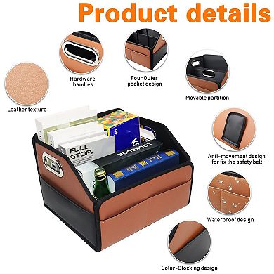 Car Organizer Upgraded Leather Storage Front Seat 3 Handles Multipurpose Foldable Non-Slip