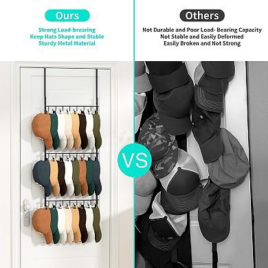 Over Door Hat Rack 3 Tier Wall Mounted 16 Hooks 10 Movable Clips Holds 26 Caps Cap Storage Organizer
