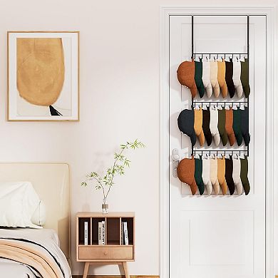 Over Door Hat Rack 3 Tier Wall Mounted 16 Hooks 10 Movable Clips Holds 26 Caps Cap Storage Organizer