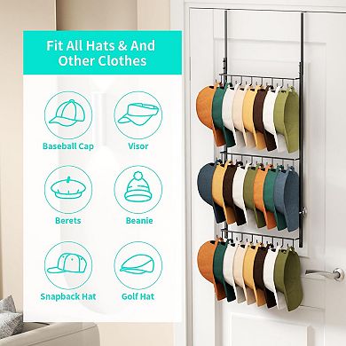 Over Door Hat Rack 3 Tier Wall Mounted 16 Hooks 10 Movable Clips Holds 26 Caps Cap Storage Organizer