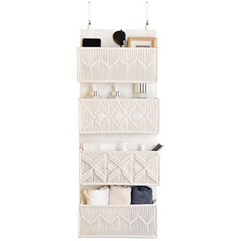 Boho Macrame Over Door Organizer 4 Large Woven Pockets Hanging Storage for Bathroom Closet