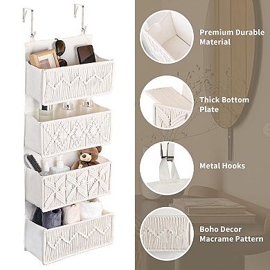 Boho Macrame Over Door Organizer 4 Large Woven Pockets Hanging Storage for Bathroom Closet